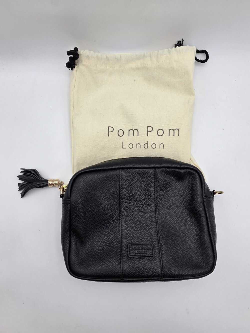 Pom Pom London Black Leather Crossbody with Tassel 3 Straps Storagr Bag